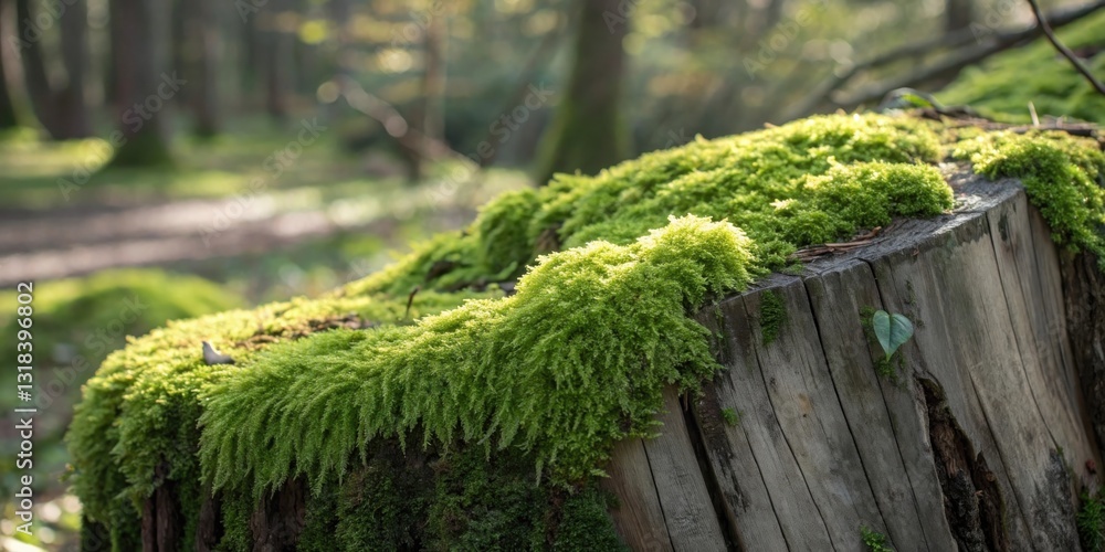 Aufkleber a close-up view of a moss-covered tree stump with a soft green hue, showcasing the intricate details
