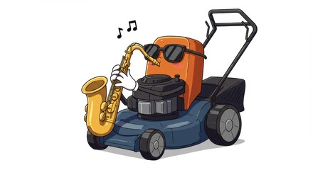 Obraz premium A whimsical lawnmower character playing a saxophone in a sunny backyard, with trees and flowers in the background - lawn mower cartoon