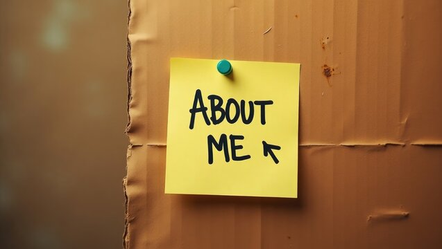 a sticky note displaying about me on a corkboard background, intended for introductions and presentations to discuss oneself