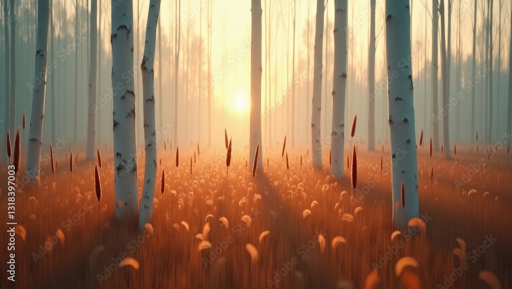Poster artistic depiction of a blurred forest landscape, featuring vertical tree trunks with dynamic moveme