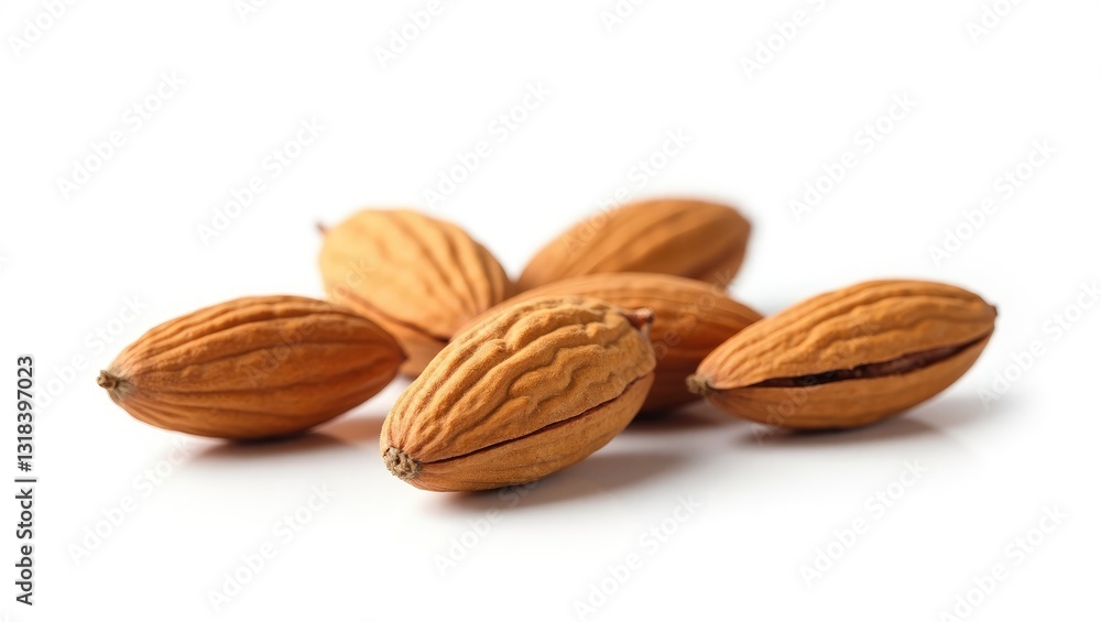 Poster almonds removed from their shells. nuts against a white backdrop. collection. clipping path included