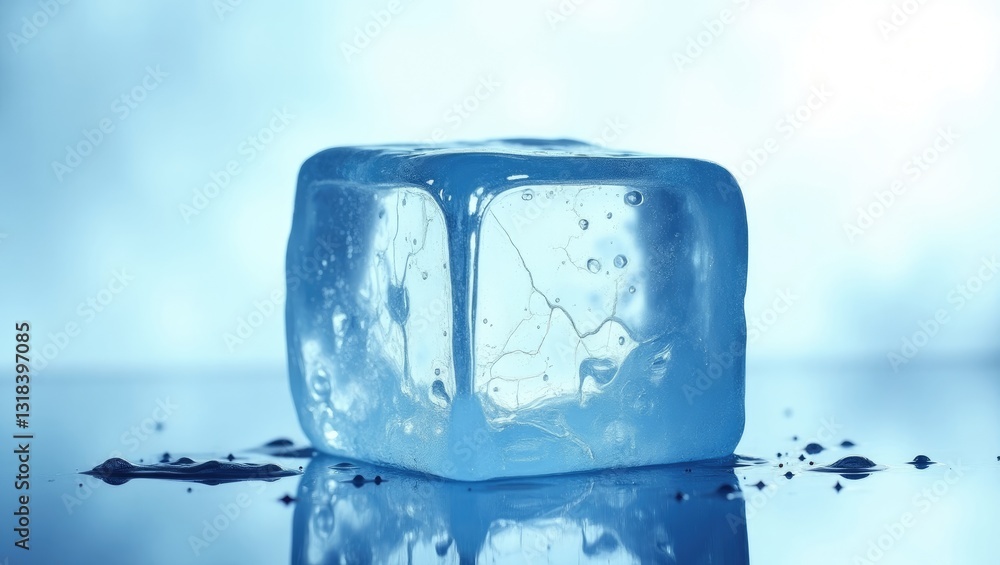 Poster a block of textured clear blue ice that is frozen and features cracks on a reflective surface.