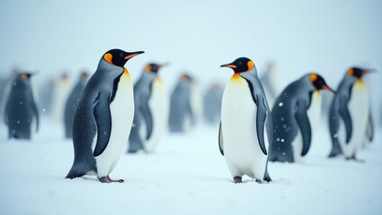 Fototapeta premium A group of gentoo penguins in a snowstorm