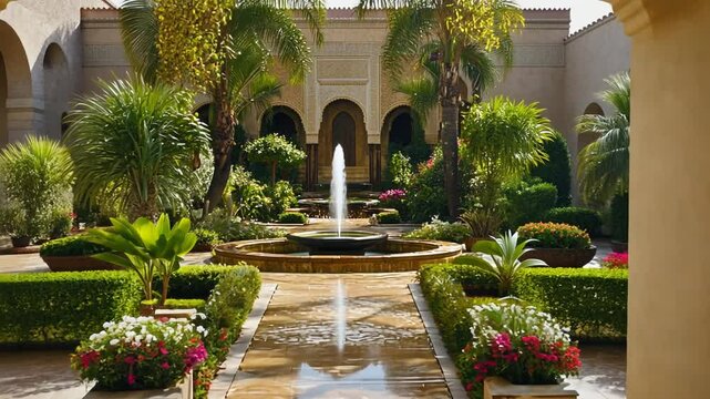 Exquisite Moroccan Garden Oasis with Fountain View through Ornate Doorway