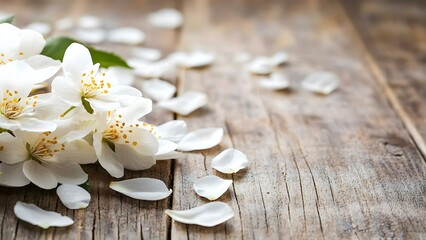 A cluster of white flowers with yellow stamens, surrounded by scattered petals, resting on a rustic wooden surface. Concept White Flowers, Yellow Stamens, Rustic Wood, Floral Arrangement