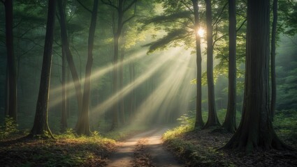 Obraz premium Beams of sunlight stream through tall leafy trees, creating a captivating moment in the woodland. A gentle mist hangs in the air, enhancing the tranquility and peace of nature.