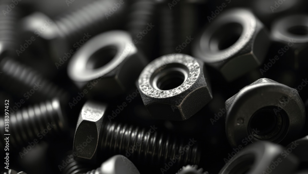 Poster artistic monochrome backdrop featuring bolts and nuts in close-up with backlighting. small fasteners