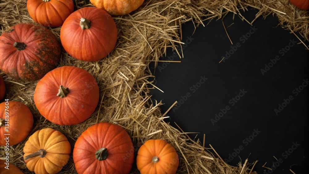 Poster A vibrant autumnal scene with pumpkins nestled in a bed of hay, creating a rustic and inviting backdrop for a festive message.