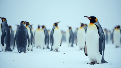 Fototapeta premium A group of gentoo penguins in a snowstorm.