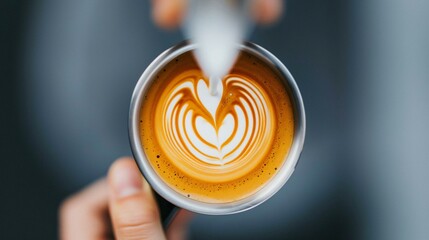 A creative capture of a baristaâ€™s latte art brewing process where vibrant foam art emerges on a perfectly extracted espresso shot.