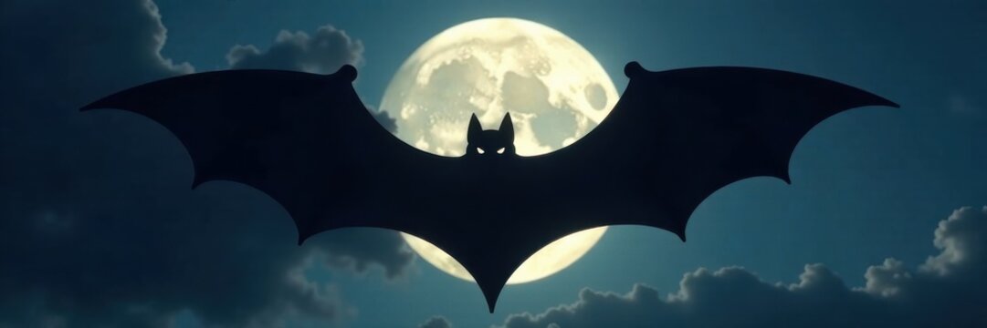 Dark silhouette of a bat's face against a full moon background, wings, bats, shadow