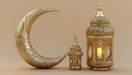Golden Ornate Lanterns and Crescent Moon Festive Decoration