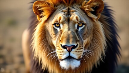 Fototapeta premium A closeup of a magnificent lion with an inquisitive expression in its natural habitat.