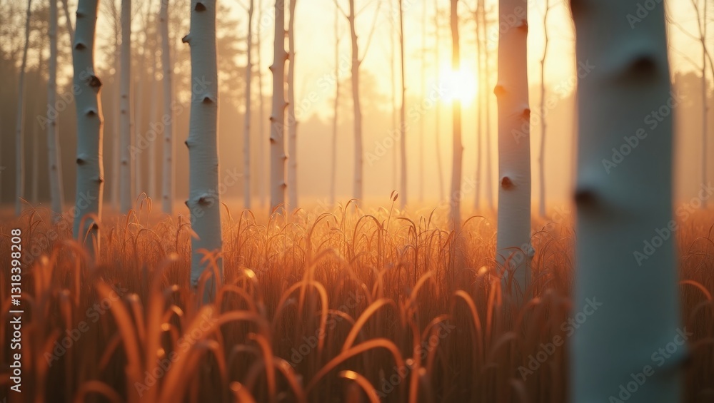 Poster artistic representation of a hazy forest scene, featuring vertical tree trunks with dynamic motion s