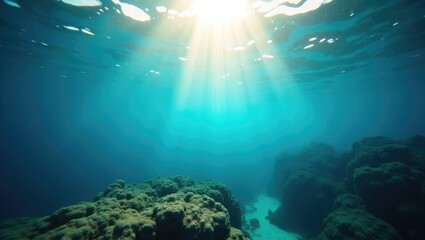 Fototapeta premium Artistic underwater image showcasing rays of light above the reef. Home decor and art for your interior design.
