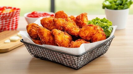 Crispy Fried Chicken Served in a Basket with Fresh Vegetables