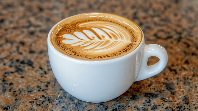 A warm, inviting cafe atmosphere captured as a barista brews a latte and finishes it with a precise and charming latte art design.