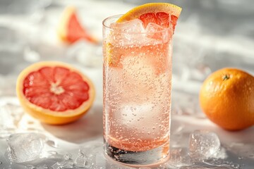 Close-up of a chilled glass brimming with a delicate, light pink drink; ice cubes float amidst...