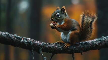 Squirrel Eating Acorn on a Branch in Beautiful Autumn Forest