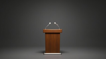 An isolated empty podium and microphones against a background.