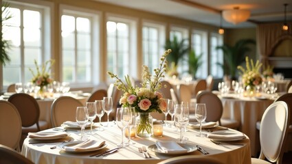 Elegant wedding reception arranged with round tables, floral centerpieces, and champagne glasses in a beautifully adorned venue.