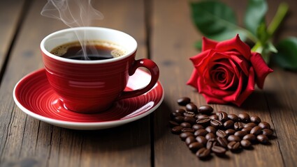 Fototapeta premium Aromatic coffee presented in a stunning red cup on a wooden table, complemented by a red rose and coffee beans.