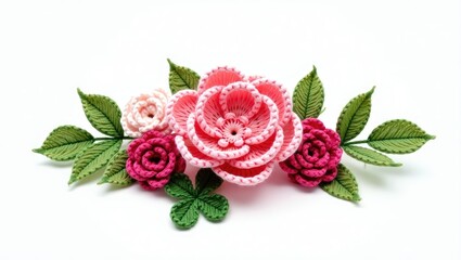 A collection of decorative pink handmade flowers and leaves isolated against a white background.