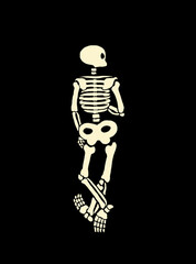 Human skeleton walking pose. Human skeleton posing. Spooky illustration for halloween. Black background. Flat style design vector illustration for printing on t-shirts and more.