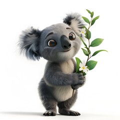Obraz premium Cute cartoon koala holding a branch with leaves and flowers