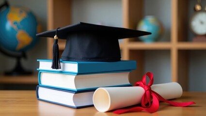 A mortarboard placed on books and a graduation scroll on the desk.