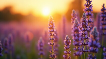 Fototapeta premium Blooming artistic blurred meadow, vibrant travel landscape. Sunset blossoms floral nature sunlight rays above summer purple flowers.