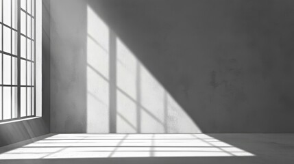 Obraz premium Interior shows light through window and shadow on wall. Sunlight highlights the empty space in minimalist design. Bright and artistic architecture, a modern template or background.