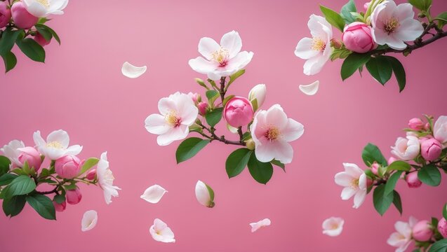 Fresh quince blossom, lovely pink flowers drifting through the air against a pink background. Zero gravity or levitation, spring flower concept, high resolution image.