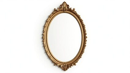 Antique vintage circular golden mirror frame or picture frame set against a white background.