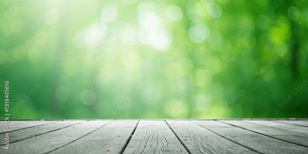 Aufkleber rustic wooden deck against a background of blurred green foliage with natural light filtering throug