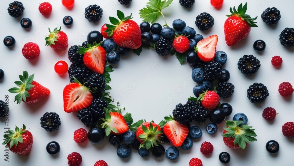 Poster a collection of images featuring various berries arranged as a frame on a white background.