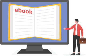 An illustration of back view of a businessman reading ebook, technology, literature, knowledge, education

