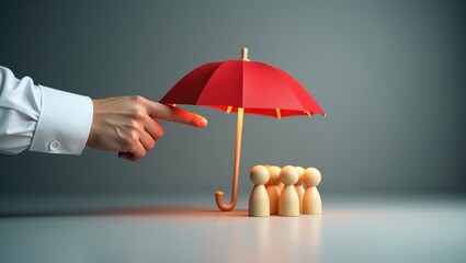 Boss using a red umbrella to shield his team with a protective gesture. Customer care, employee welfare. Safety and security within a business team. Selective focus.