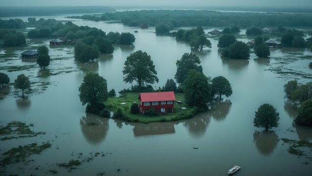 Aerial perspective of a flooded area featuring floating houses and boats.