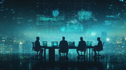 Futuristic technology meeting in silhouettes. Business professionals explore digital analysis. Modern cityscape with data and innovation at its core. Perfect for a corporate environment, showcasing