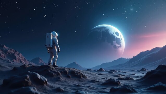 Astronaut standing on a rocky surface with a space backdrop, astronaut walking on the moon in a cosmosuit. Future concept. - Powered by Adobe