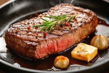 Juicy, medium-rare steak sizzles on a seasoned black cast-iron skillet, revealing a tender pink heart enveloped by an enticing black-and-white seasoning crust