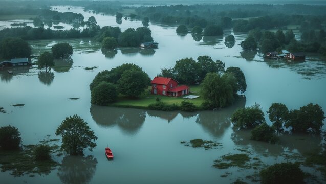 Aerial perspective of flooded areas featuring floating houses and boats.