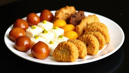 Indian sweets presented on a plate featuring Gulab Jamun, Rasgulla, kaju katli, morichoor Bundi Laddu, Gujiya, or Karanji for celebration.