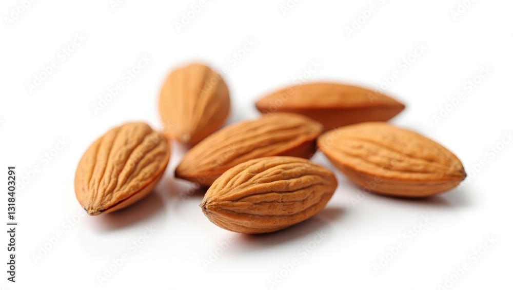 Poster almonds separated. nuts on a white backdrop. collection. clipping path included. full depth of field