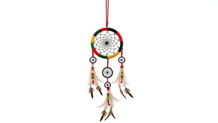 A dream catcher in red, green, and black colors, isolated against a white background.