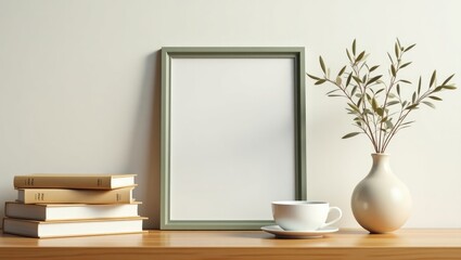 Breakfast still life. A cup of coffee, books, and an empty picture frame mockup on a wooden desk. A vase with olive branches. Elegant workspace, home office concept.