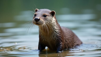 Fototapeta premium A solitary nutria is positioned attentively in the clear waters, highlighting its watchful expression and damp fur.