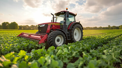 Obraz premium Red Tractor Working Lush Green Field Golden Hour Lighting