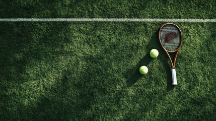 Gleaming tennis racket on lush green grass, poised elegantly leftward; its wooden frame contrasts with a pristine white handle against nature's backdrop